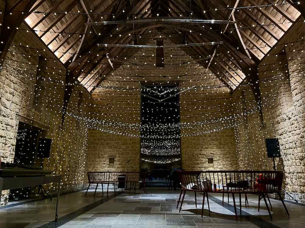 The Newt Somerset Threshing Barn with over 800 metres of fairy lights