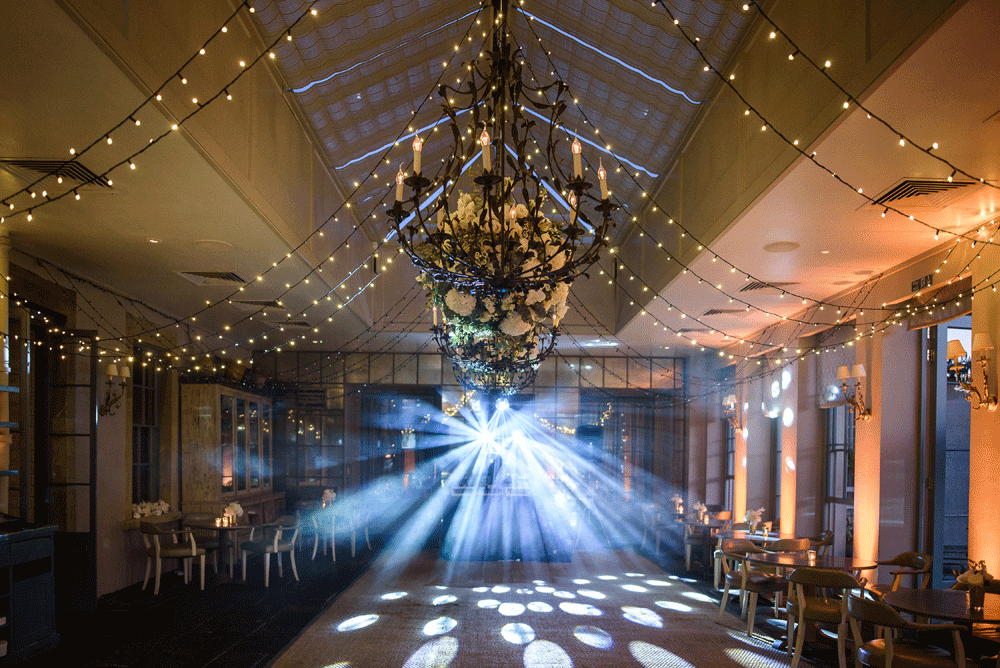 Animated fairy light canopy at Babington House Orangery