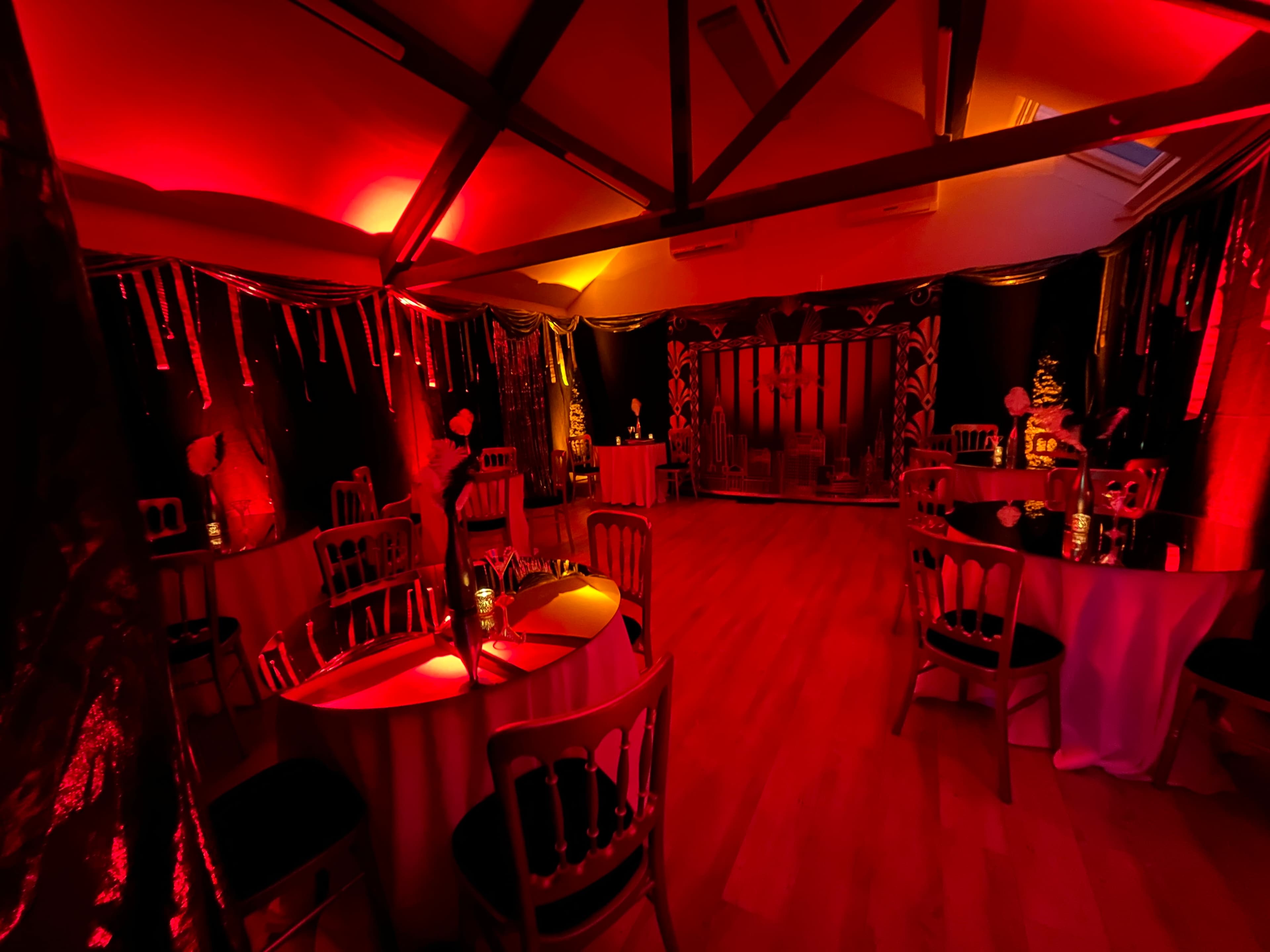 Party room after transformation - fun and creative party styling with vibrant decorations and lighting design