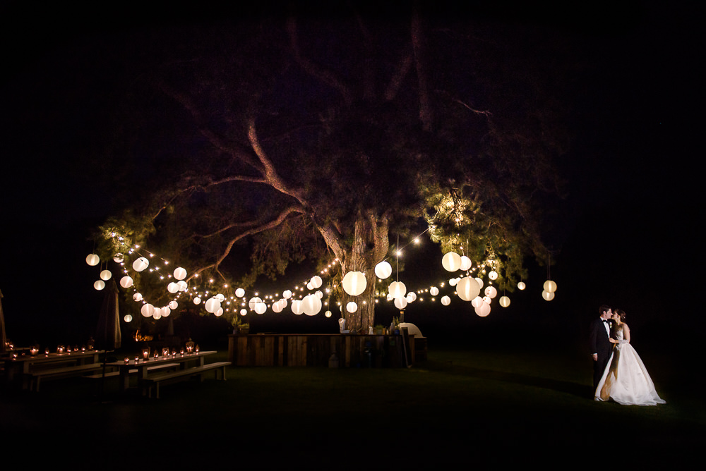 Image of a bride and groom at night standing under a large pine tree with festoon lighting and whites shades.